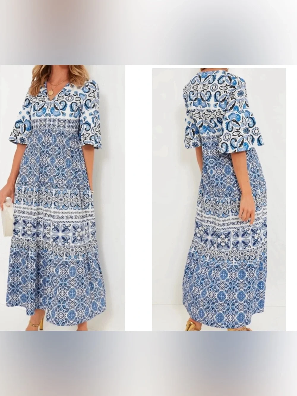 Tuckernuck Blue Majolica Tile Ginger Maxi Dress Flutter Sleeve Tiered XL NEW - Picture 15 of 15